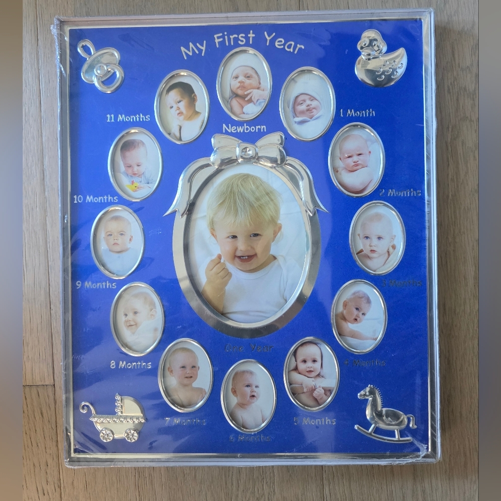 NWT Blue and Silver Baby's My First Year Picture Frame Newborn Baby shower